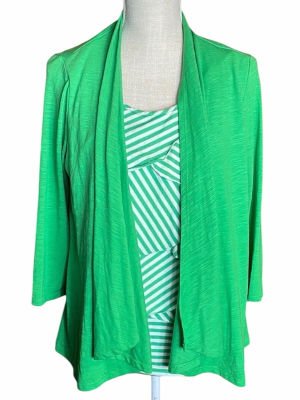 Notations Green & White Striped Top With Attached Green Cardigan One Piece Shirt